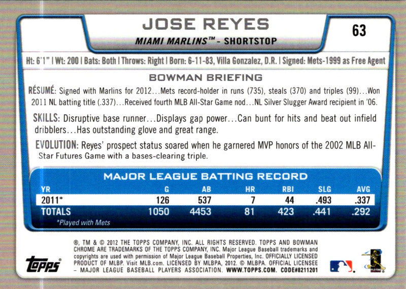 2012 Bowman Chrome Jose Reyes