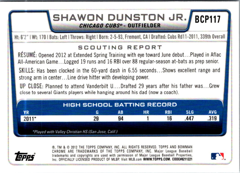 2012 Bowman Chrome Prospects Shawon Dunston Jr.