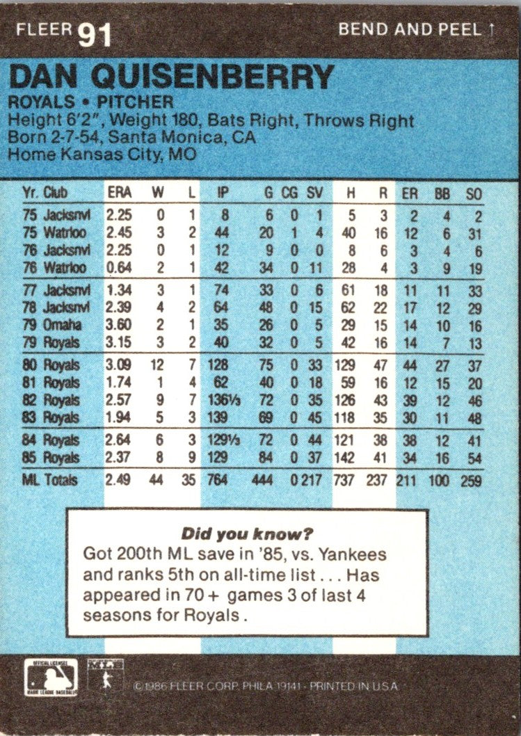 1986 Fleer Star Stickers Dan Quisenberry