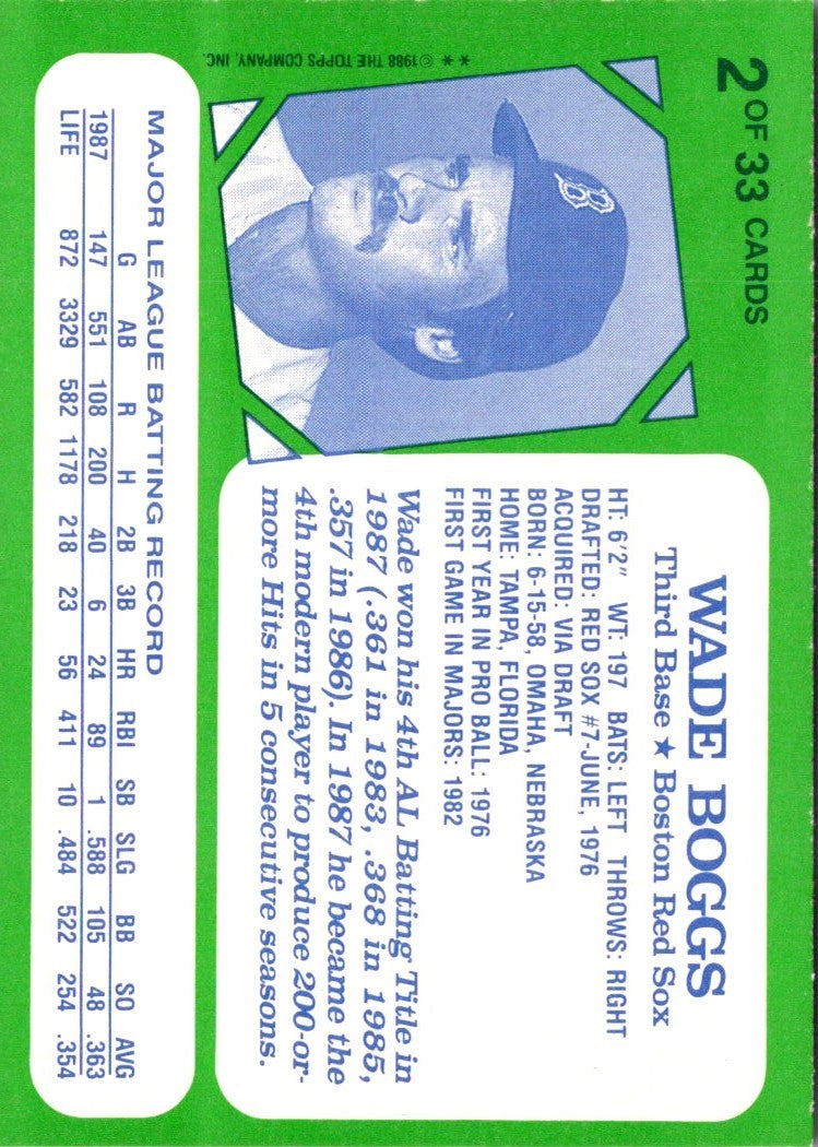 1988 Topps Kay-Bee Superstars of Baseball Wade Boggs