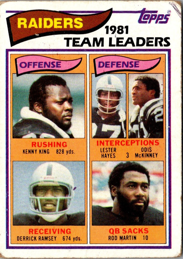 1982 Topps Kenny King/Lester Hayes/Odis McKinney/Derrick Ramsey/Rod Martin #185