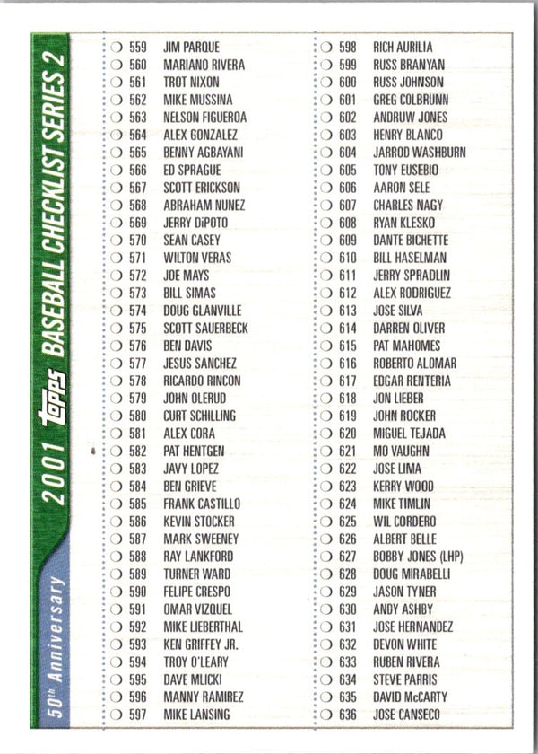 2001 Topps Checklists Series 2 Green Checklist Checklist Series 2 #2/4