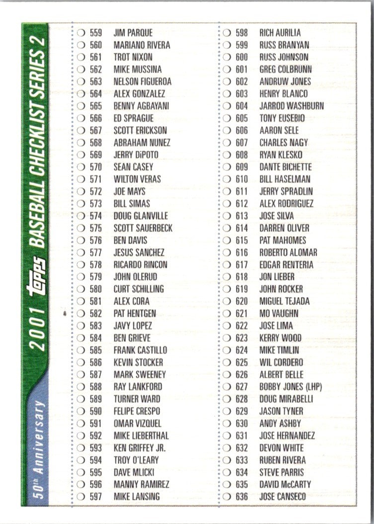 2001 Topps Checklists Series 2 Green Checklist Checklist Series 2