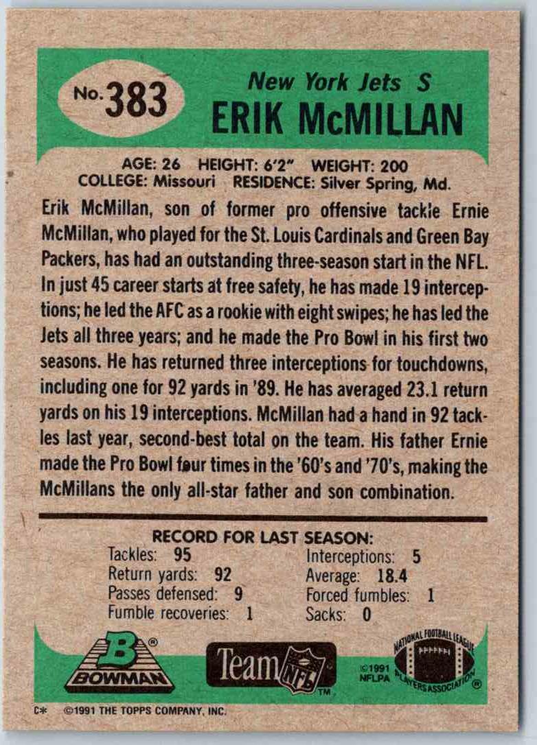 1991 Bowman Football Erik McMillan