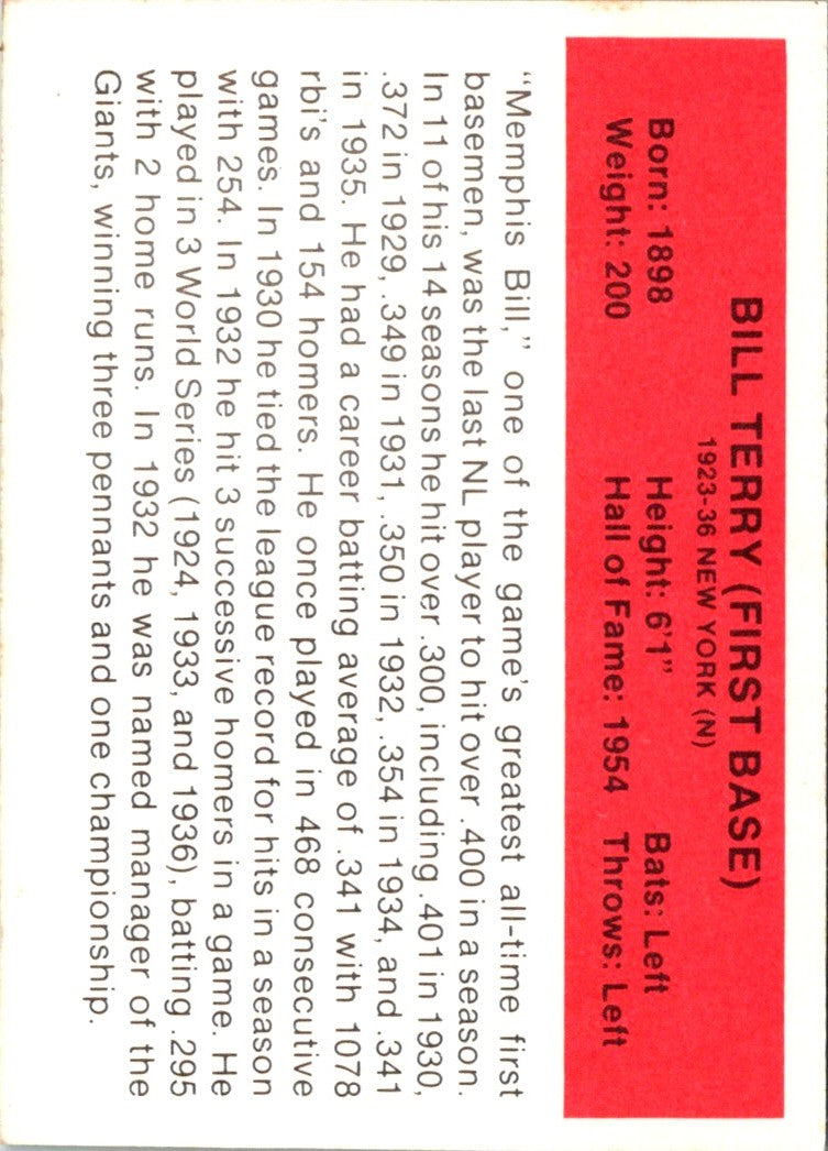 1987 Hygrade All-Time Greats Bill Terry