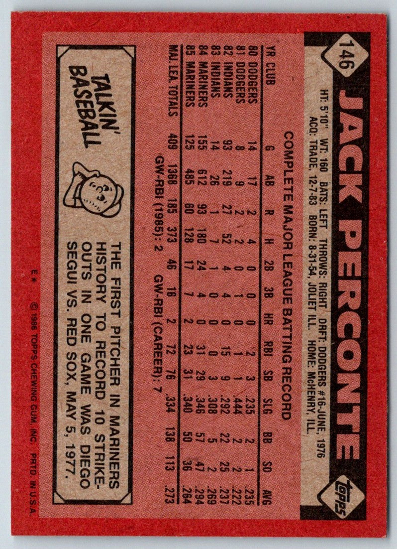 1986 Topps Jack Perconte