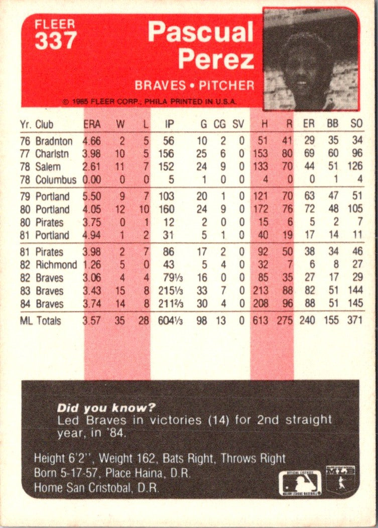 1985 Fleer Pascual Perez