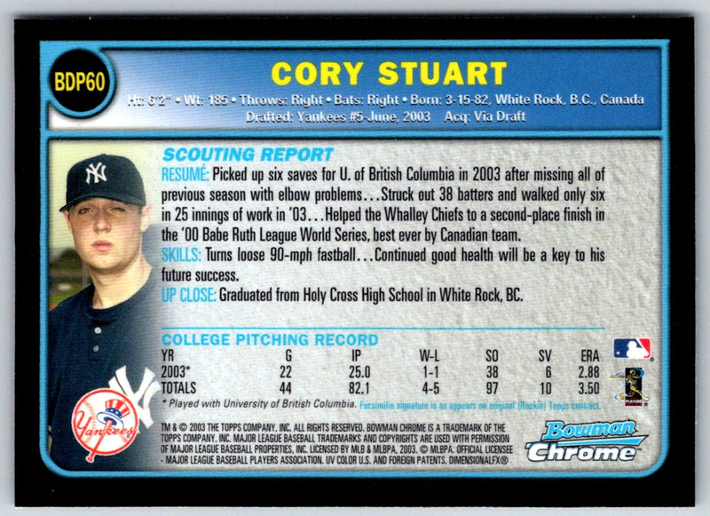 2003 Bowman Chrome Draft Picks & Prospects Cory Stuart