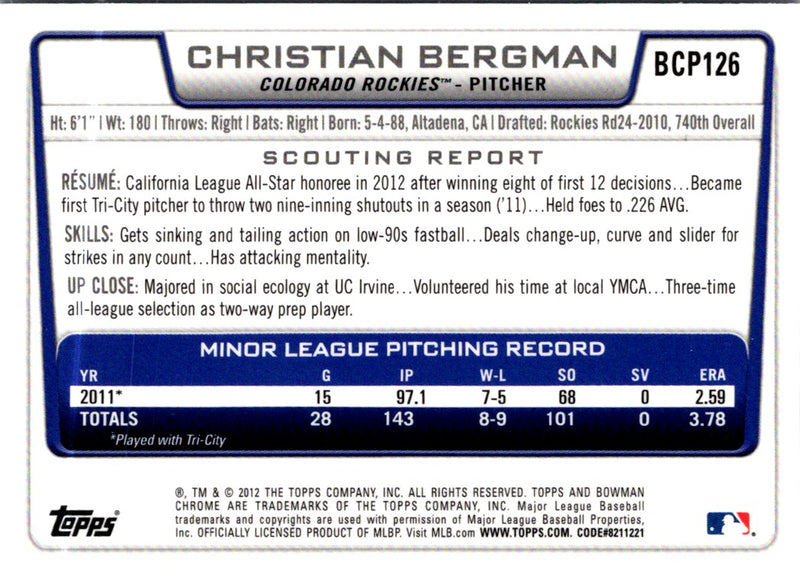 2012 Bowman Chrome Prospects Christian Bergman