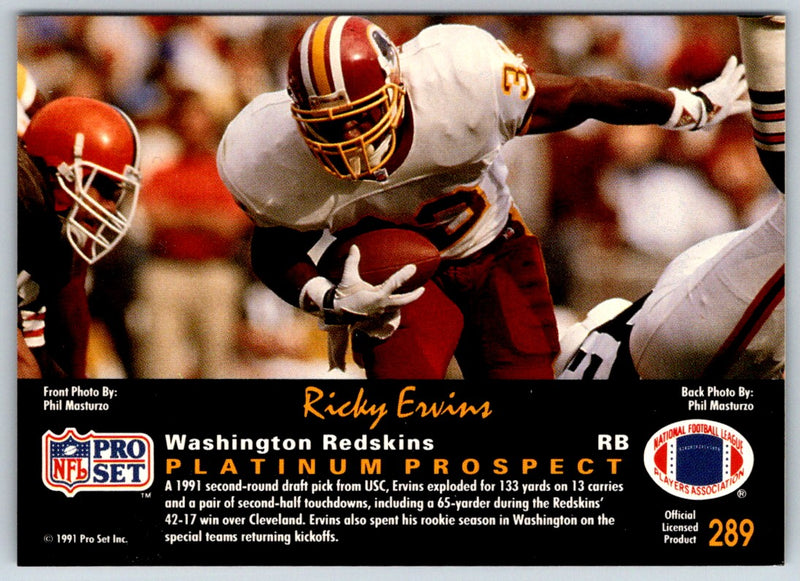 1991 Pro Set Platinum Ricky Ervins #289 Rookie