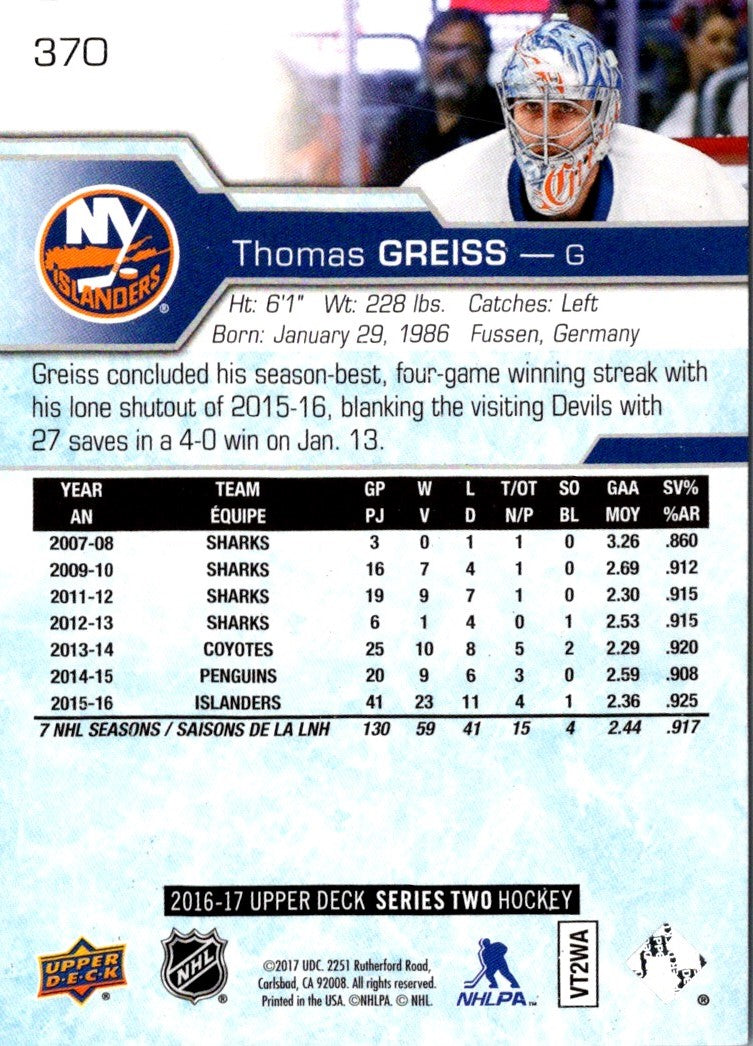 2017 Upper Deck Thomas Greiss