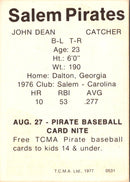 1977 TCMA Salem Pirates John Dean