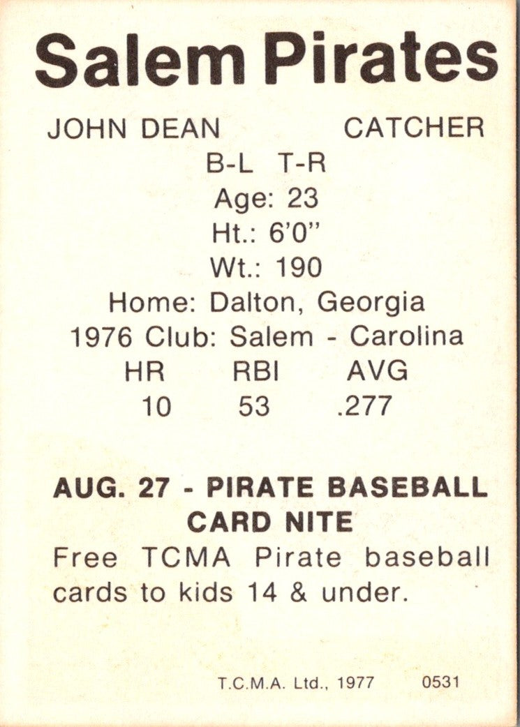 1977 TCMA Salem Pirates John Dean