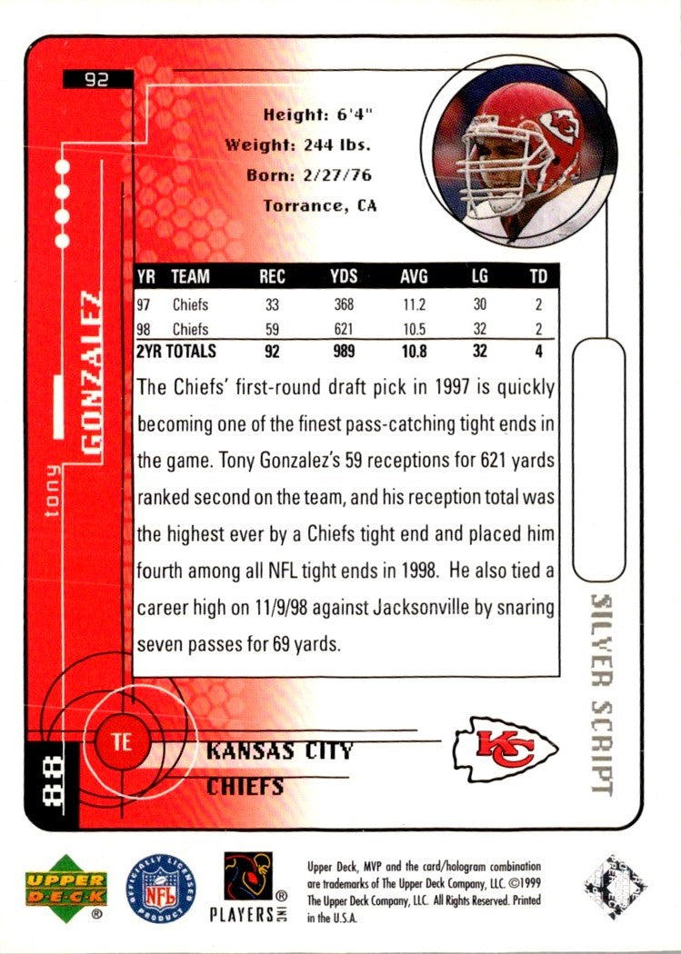 1999 Upper Deck MVP Tony Gonzalez