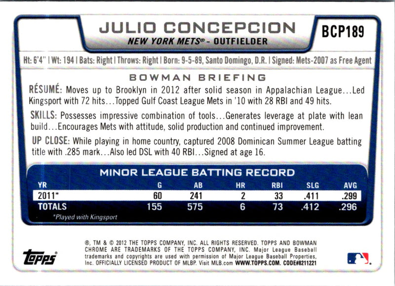 2012 Bowman Chrome Prospects Julio Concepcion