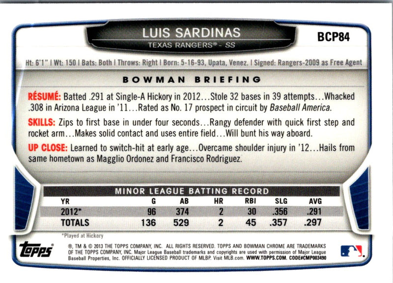 2013 Bowman Chrome Prospects Luis Sardinas