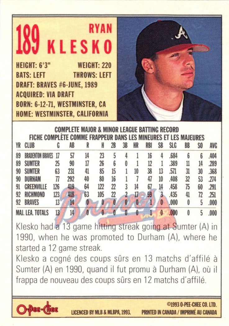 1993 O-Pee-Chee Ryan Klesko