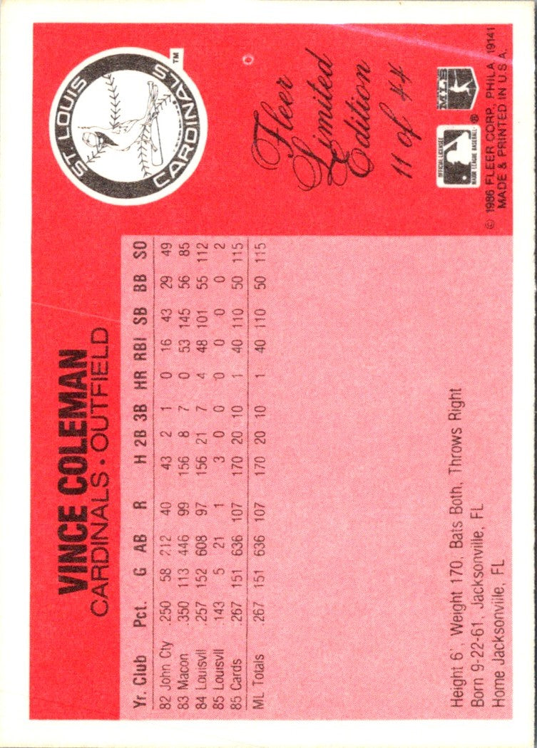 1986 Fleer Limited Edition Vince Coleman