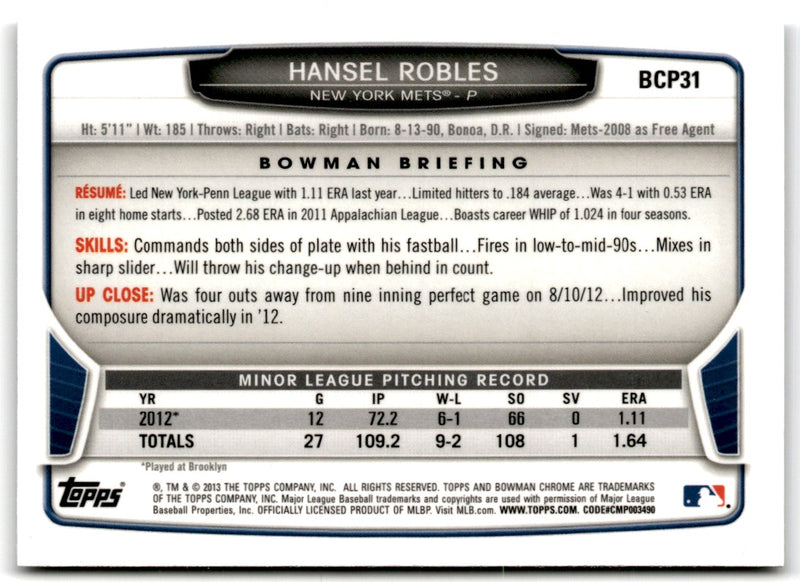 2013 Bowman Chrome Prospects Hansel Robles