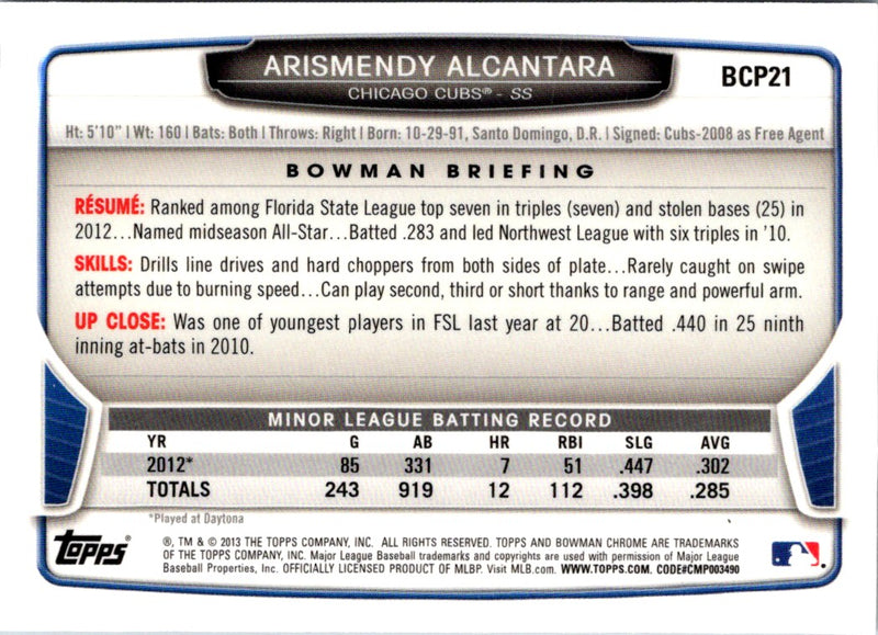 2013 Bowman Chrome Prospects Arismendy Alcantara