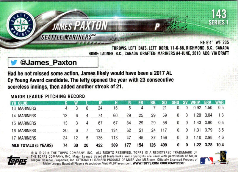 2018 Topps Chrome James Paxton