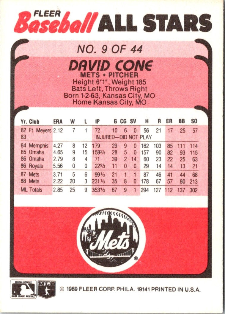 1989 Fleer Baseball All-Stars David Cone