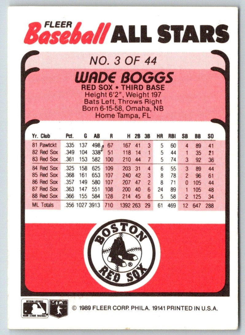 1989 Fleer Baseball All-Stars Wade Boggs