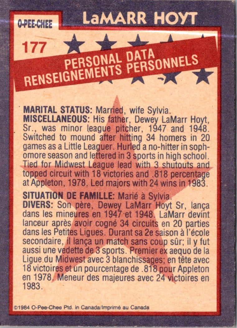 1984 Topps OPEE CHEE LaMarr Hoyt