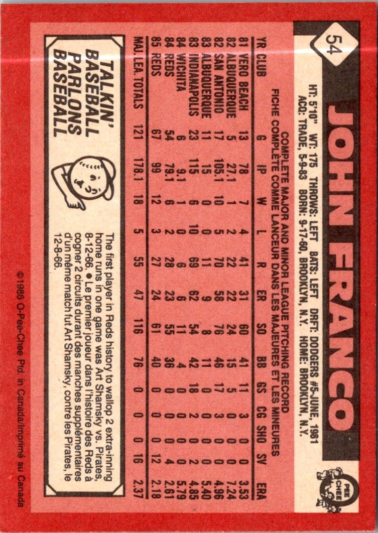 1986 O-Pee-Chee John Franco