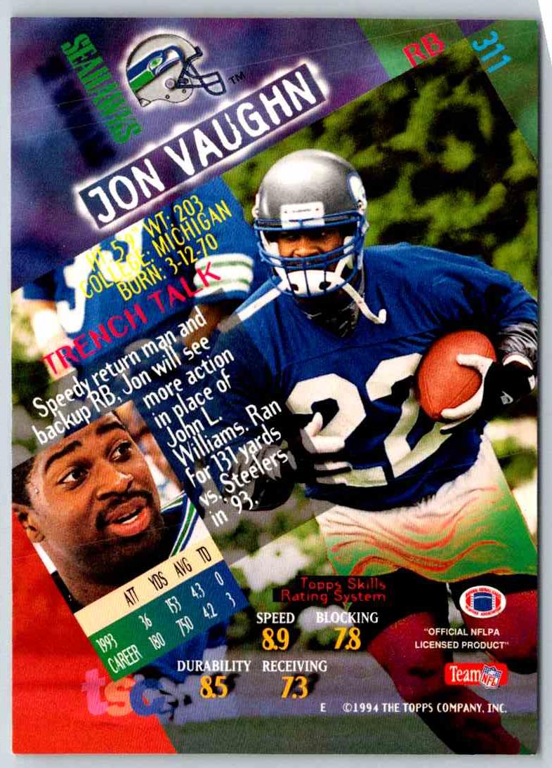 1994 Topps Stadium Club Football Jon Vaughn