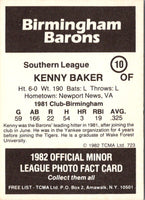 1982 TCMA Birmingham Barons Kenny Baker #10