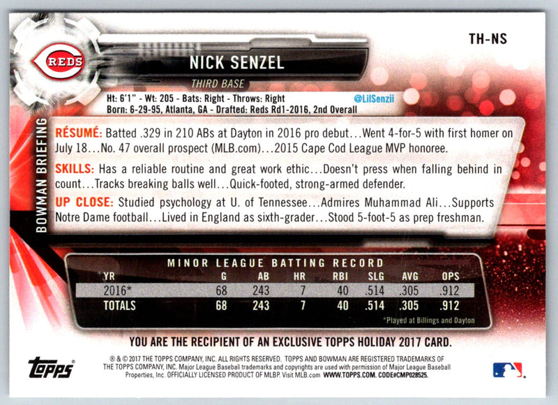 2017 Topps Holiday Bowman Nick Senzel