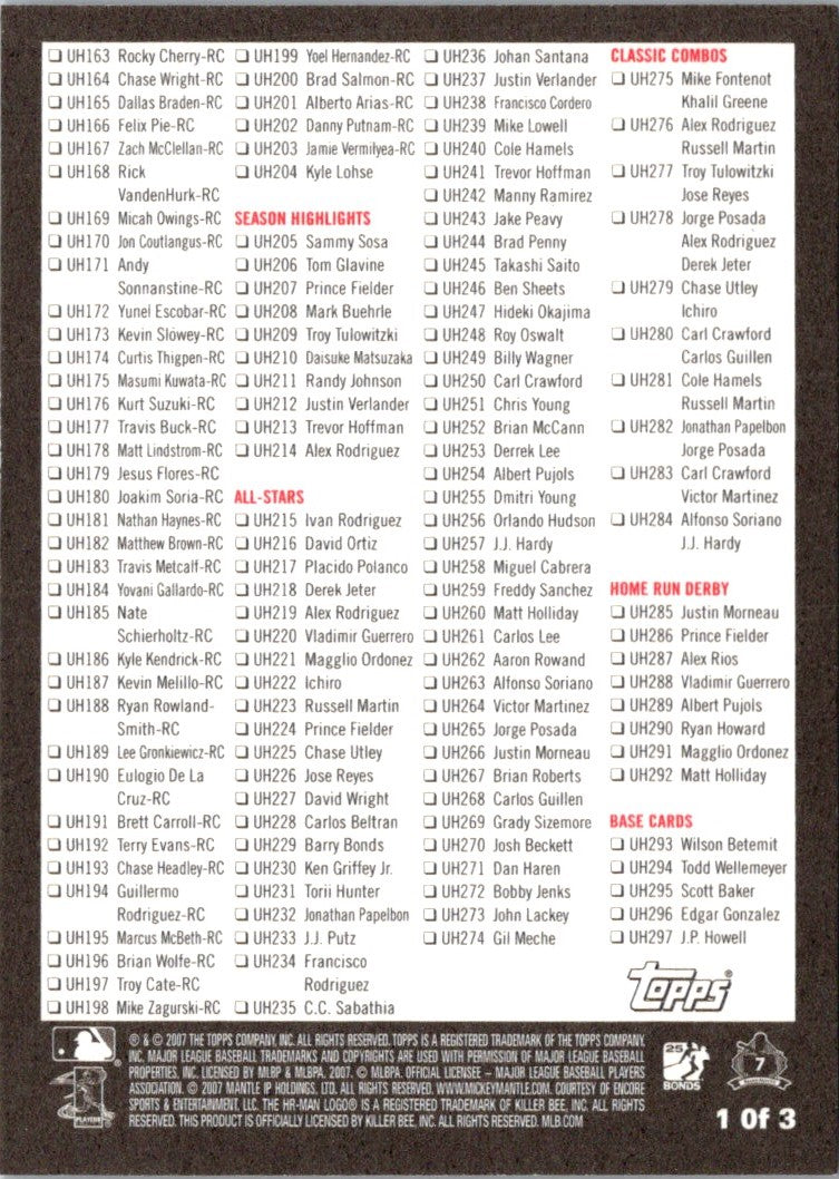 2007 Topps Updates & Highlights Checklists Red Checklist Checklist 1