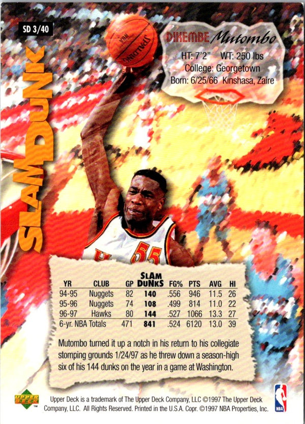 1997 Upper Deck Nestle Slam Dunk Dikembe Mutombo #SD3