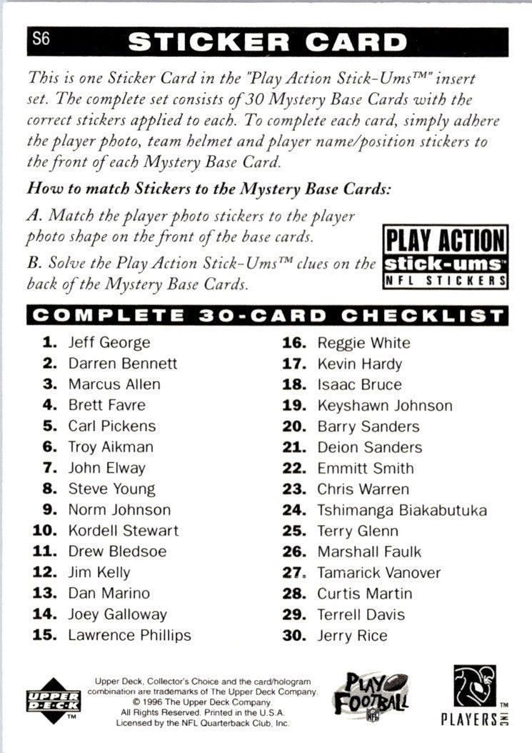 1996 Collector's Choice Update Play Action Stick-Ums Troy Aikman