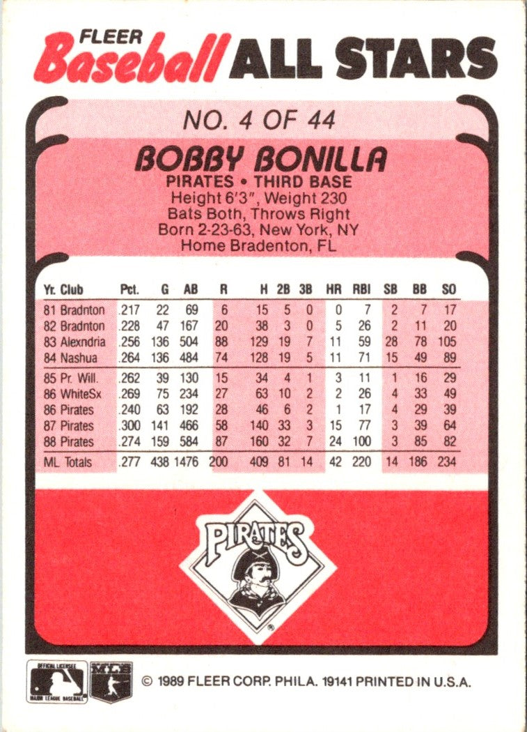 1989 Fleer Baseball All-Stars Bobby Bonilla