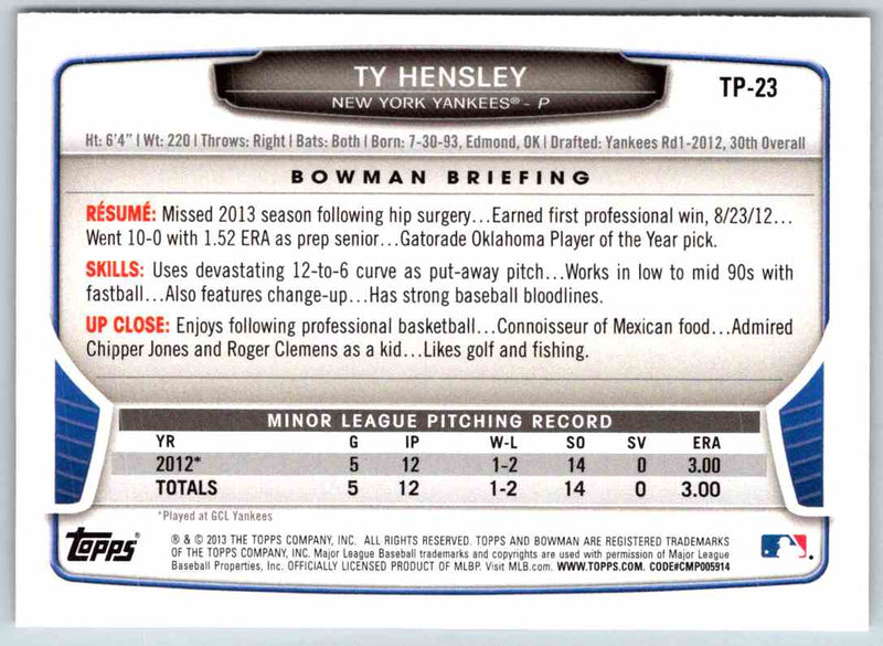 2013 Bowman Ty Hensley