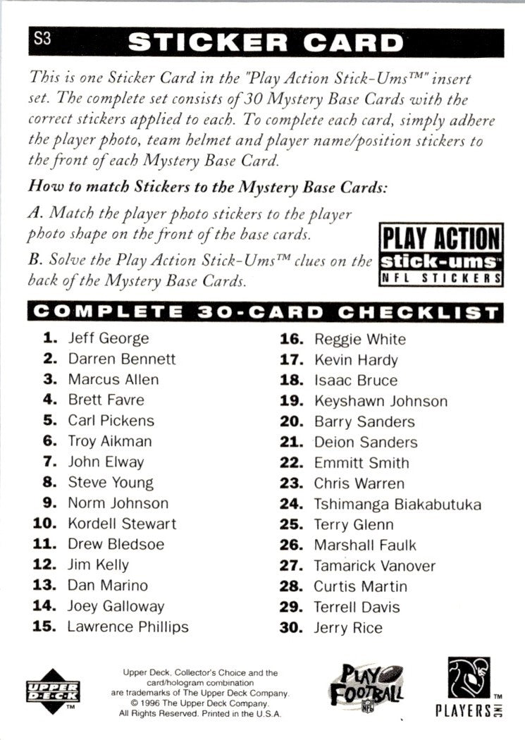 1996 Collector's Choice Update Play Action Stick-Ums Marcus Allen