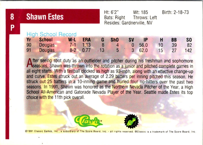 1991 Classic Draft Picks Shawn Estes