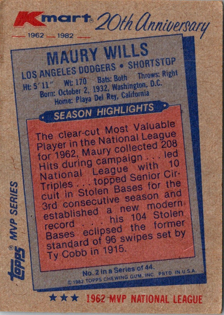 1982 Topps Kmart 20th Anniversary Maury Wills
