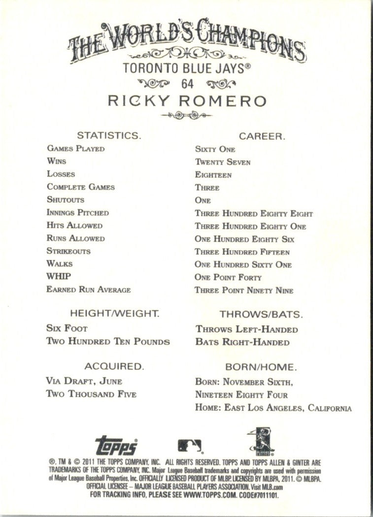 2011 Topps Allen & Ginter Glossy Factory Set Ricky Romero