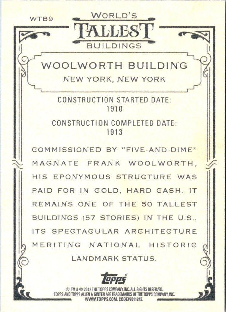 2012 Topps Allen & Ginter World's Tallest Buildings Woolworth Building