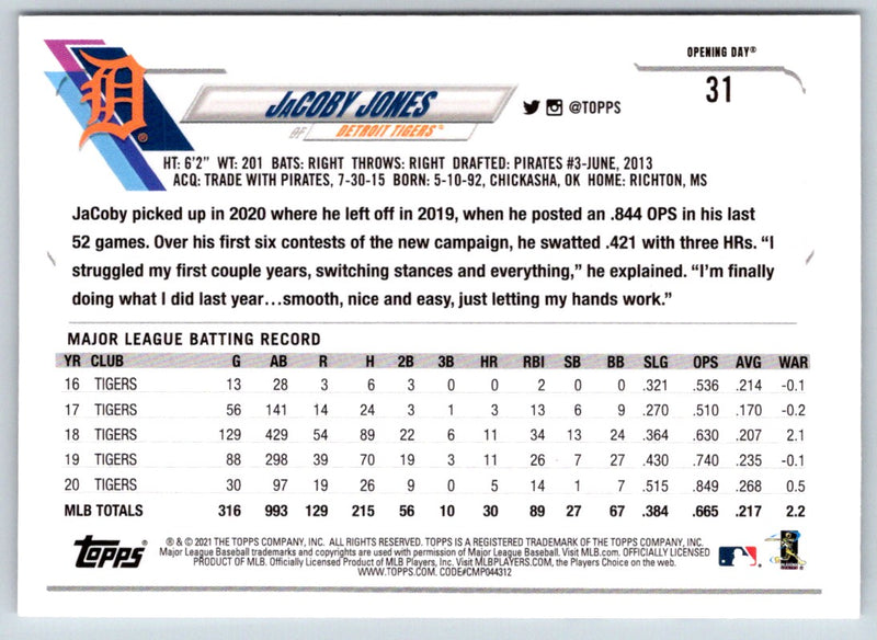 2021 Topps Opening Day JaCoby Jones