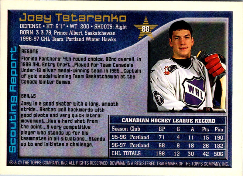 1997 Bowman CHL Joey Tetarenko