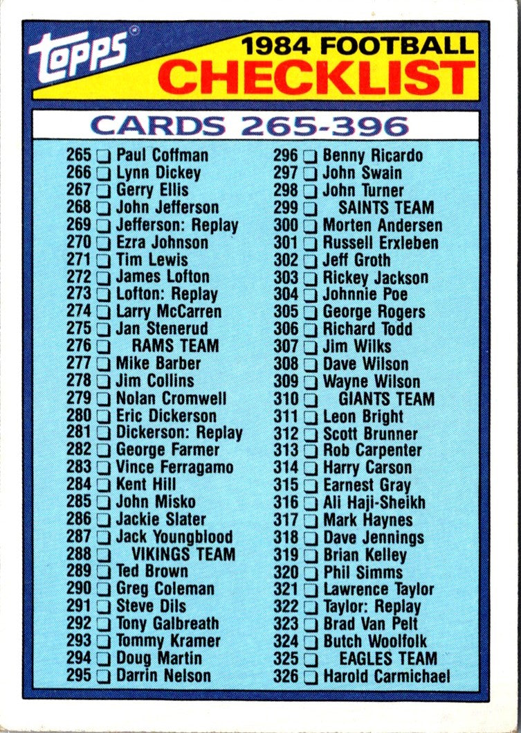 1984 Topps Checklist 265-396