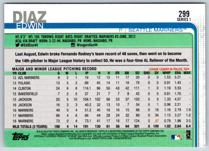 2019 Topps Edwin Diaz