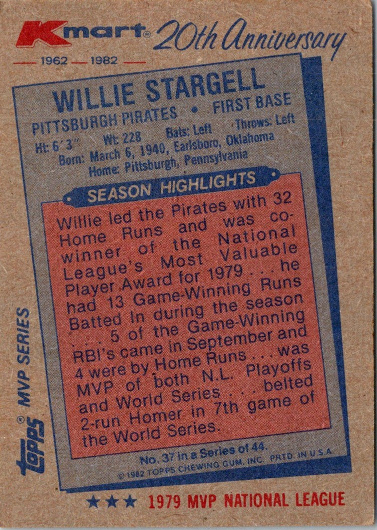 1982 Topps Kmart 20th Anniversary Willie Stargell