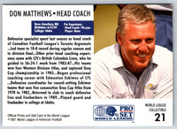 1991 Pro Set WLAF World Bowl Combo Don Matthews #21