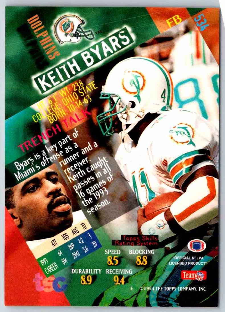 1994 Topps Stadium Club Football Keith Byars