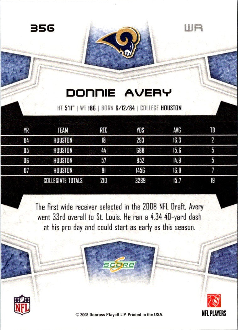 2008 Score Super Bowl XLIII Donnie Avery